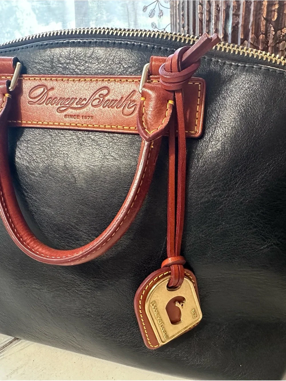 Dooney & Bourke Black Florentine Vacchetta Leather Dillen II Satchel w/Brass Tag